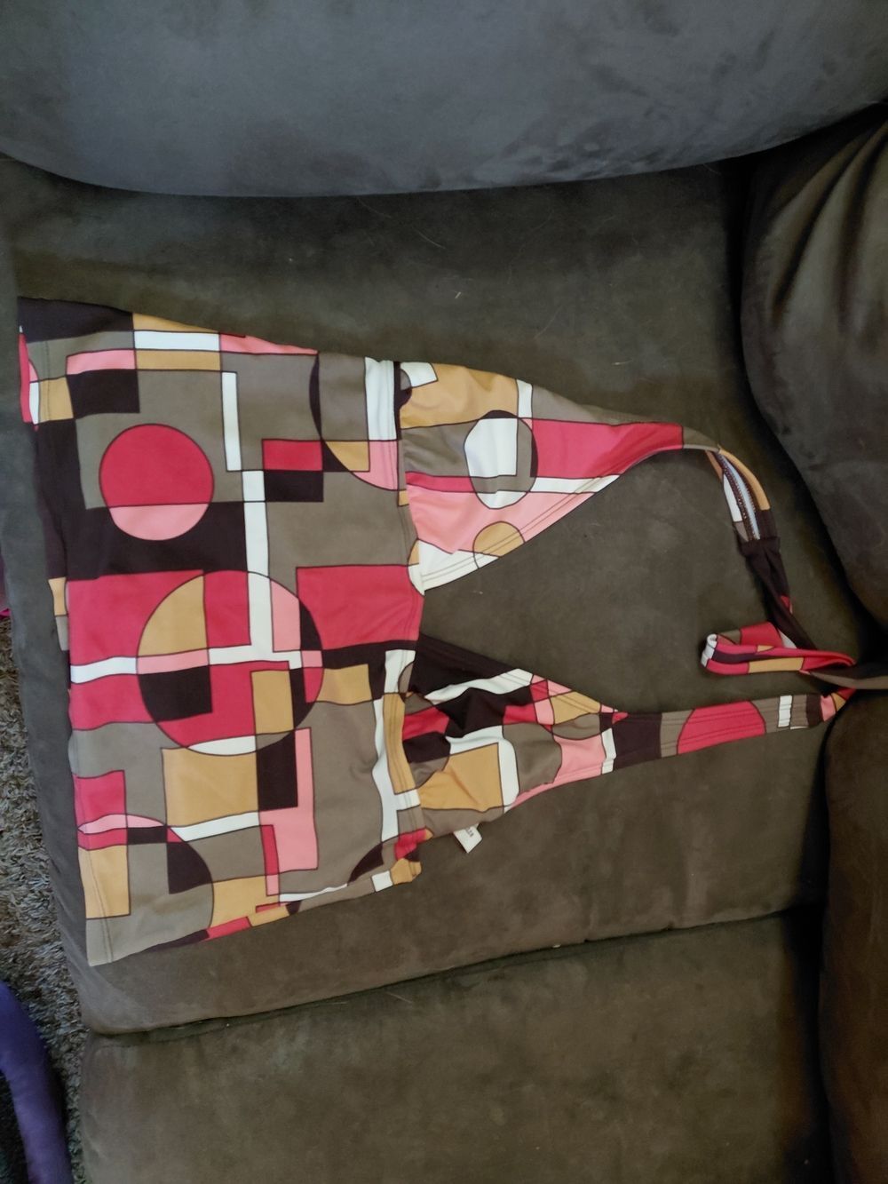 Perry Ellis Pink, Brown & Cream Geometric Halter Top/Swim Top